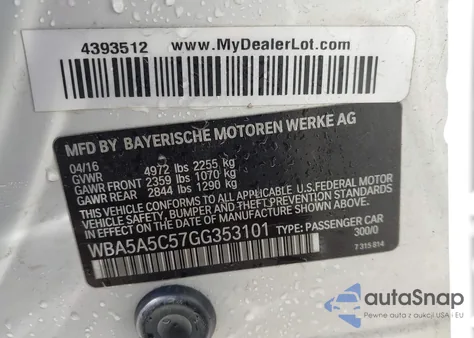 2016 BMW 528I из США, поврежденный, VIN WBA5A5C57GG353101